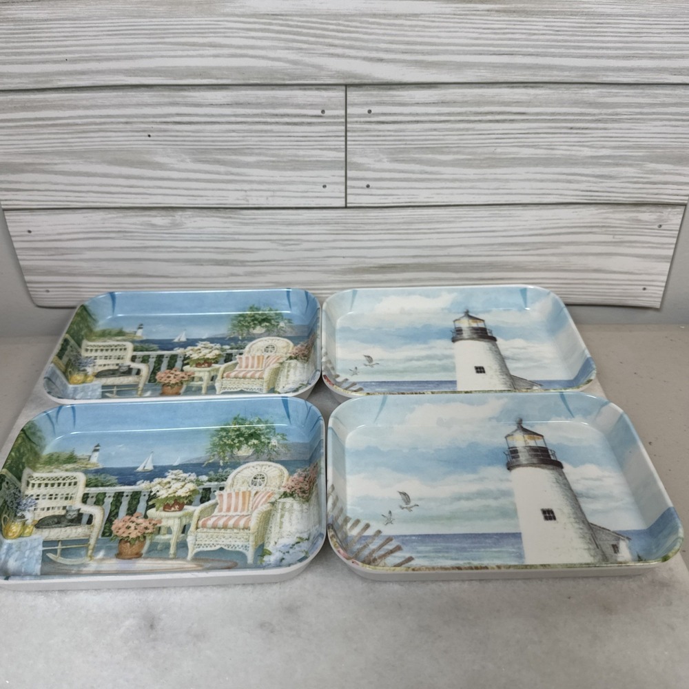 Set Of Four 4 R2S MONZA Italy Melamine Trays 4"X 5.5" Coastal Patio Light House